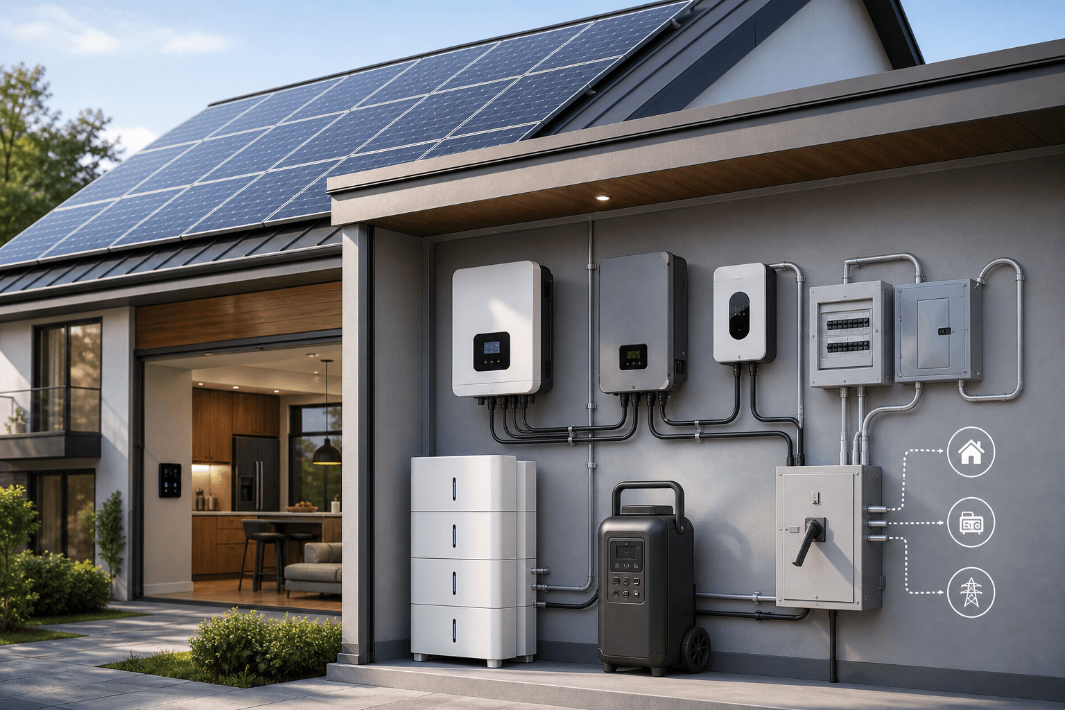 Domestic solar power system with rooftop panels, hybrid inverter, battery storage, power bank, and backup integration