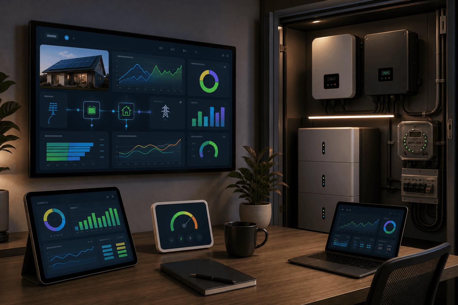 Home energy monitoring dashboard with production charts, optimization signals, savings views, earnings, smart meter, and inverter hardware