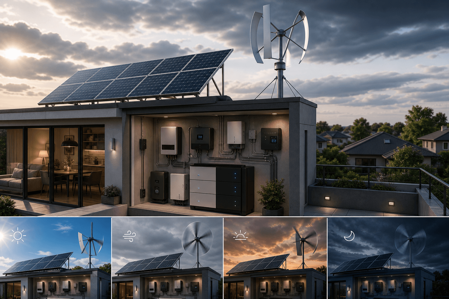 Residential solar and wind hybrid production with rooftop panels, compact wind turbine, weather-aware controller, and battery backup