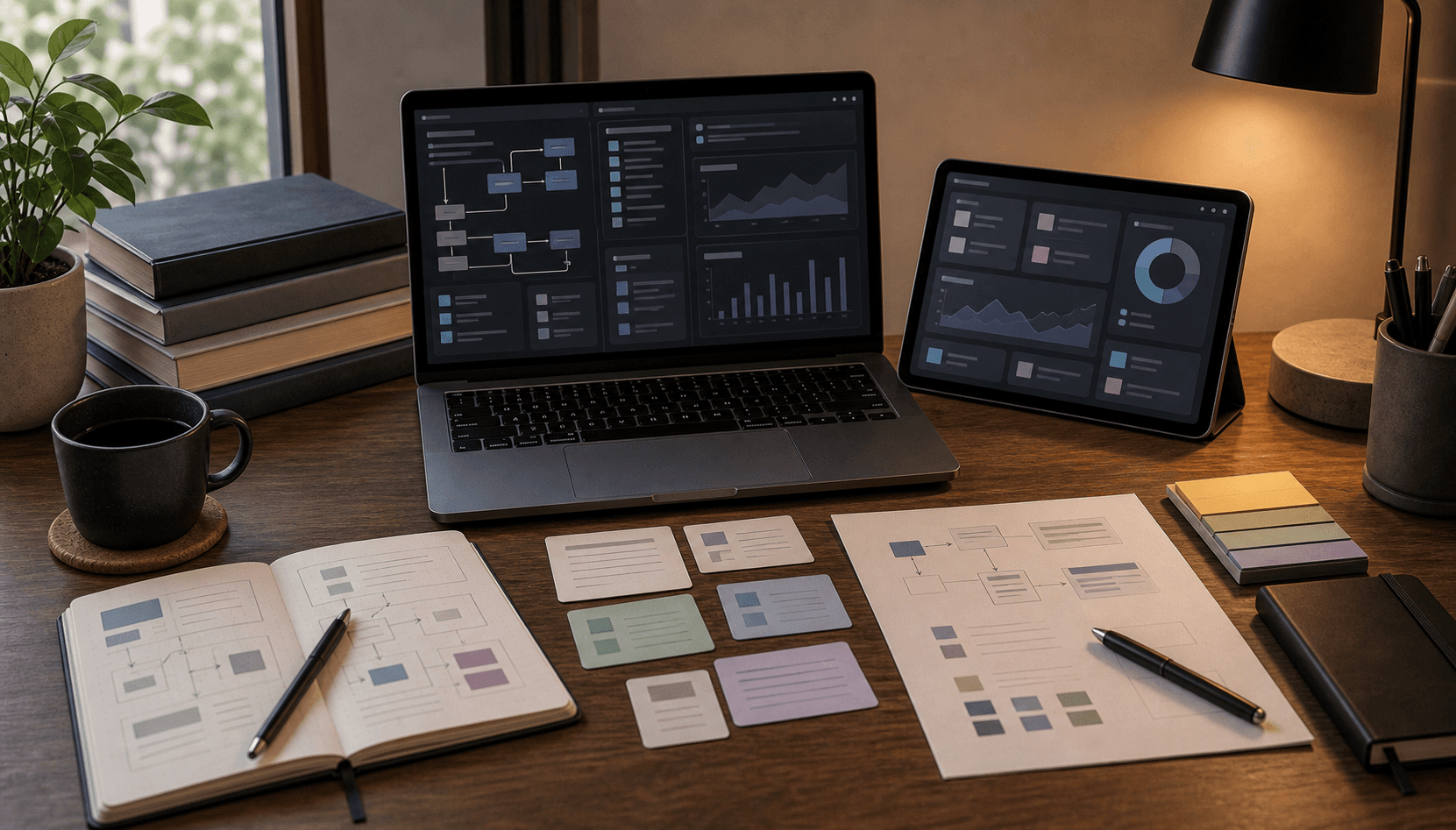 AI and product learning setup with laptop, tablet interface blocks, prompt notes, evaluation cards, and books