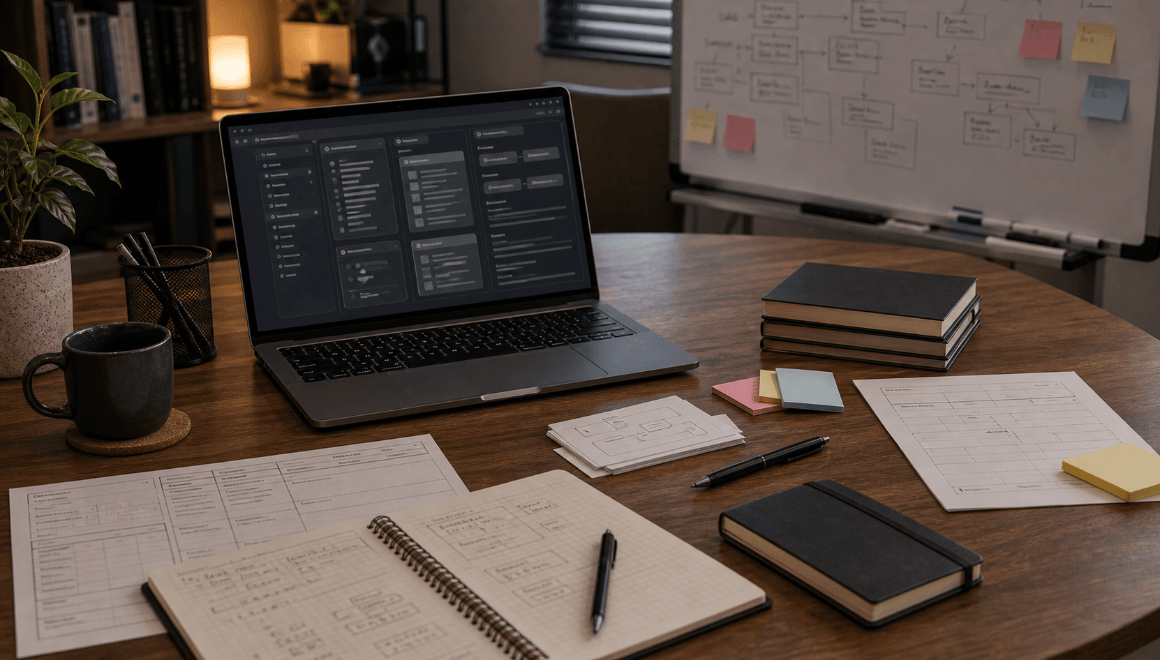 Leadership reading desk with decision notes, review checklist, laptop, and abstract team operating diagrams