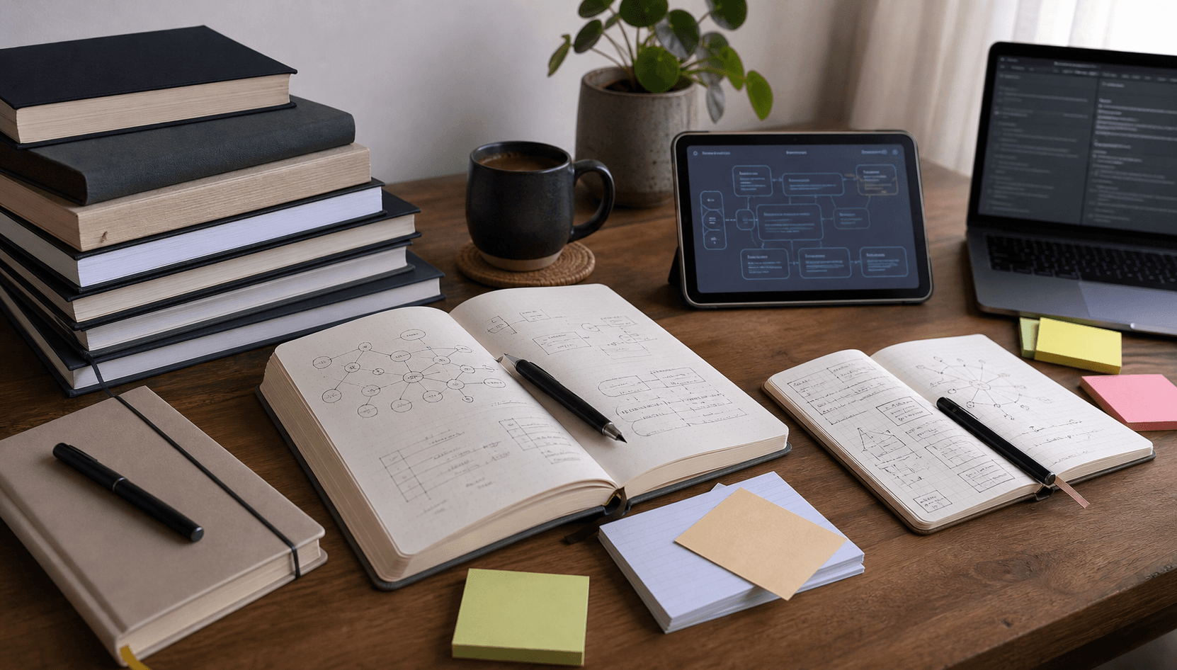Books, notebooks, pen, coffee, index cards, and abstract diagrams arranged for systems learning and writing