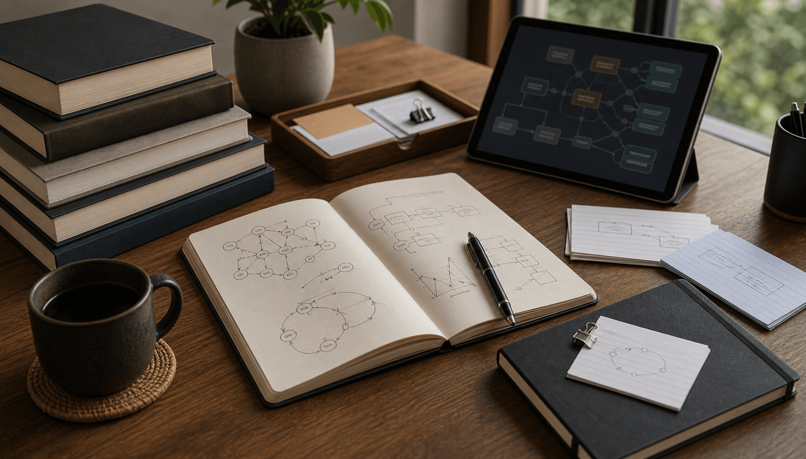 Open notebook with feedback-loop diagrams, systems books, index cards, and quiet study table