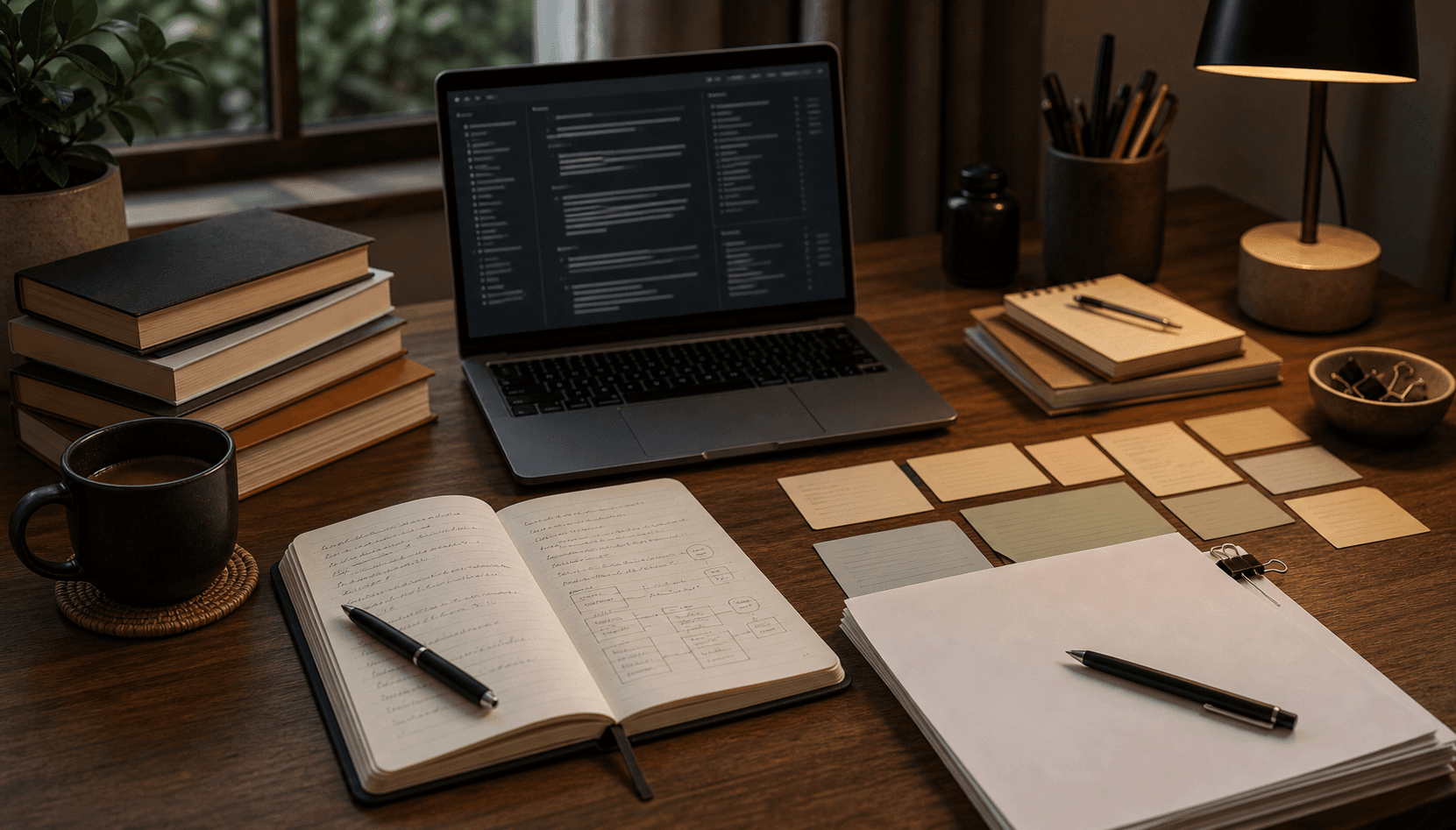 Writing desk with draft pages, notebook, pen, story structure cards, laptop, and coffee