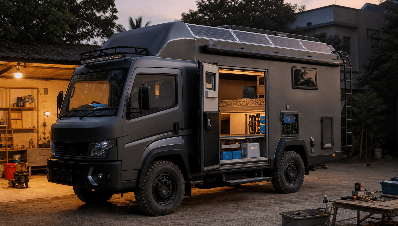 Unbranded Indian commercial van or medium-duty truck based caravan build with solar panels, open side door, modular interior, power system, and workshop tools