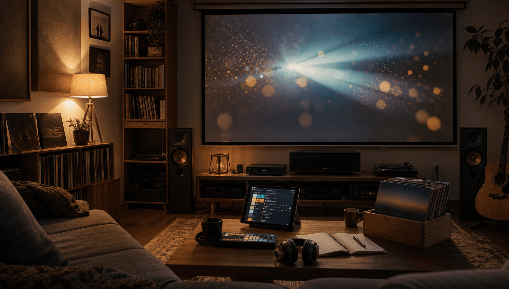 Cozy media room with projection screen, audio setup, headphones, turntable, speakers, notebook, and warm evening light