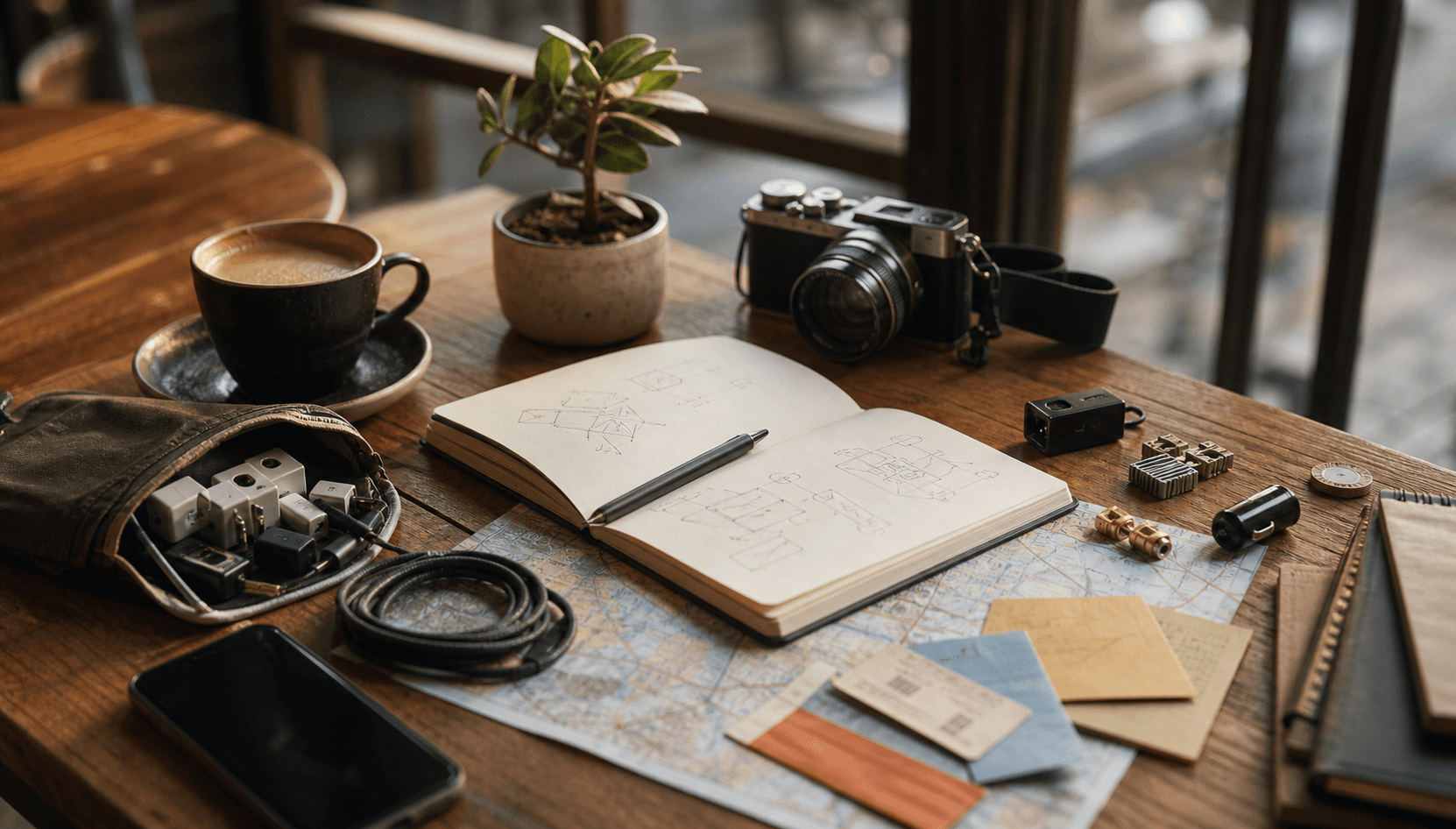 Cafe table with camera, notebook, coffee, maps, travel photos, connectors, and hardware market finds