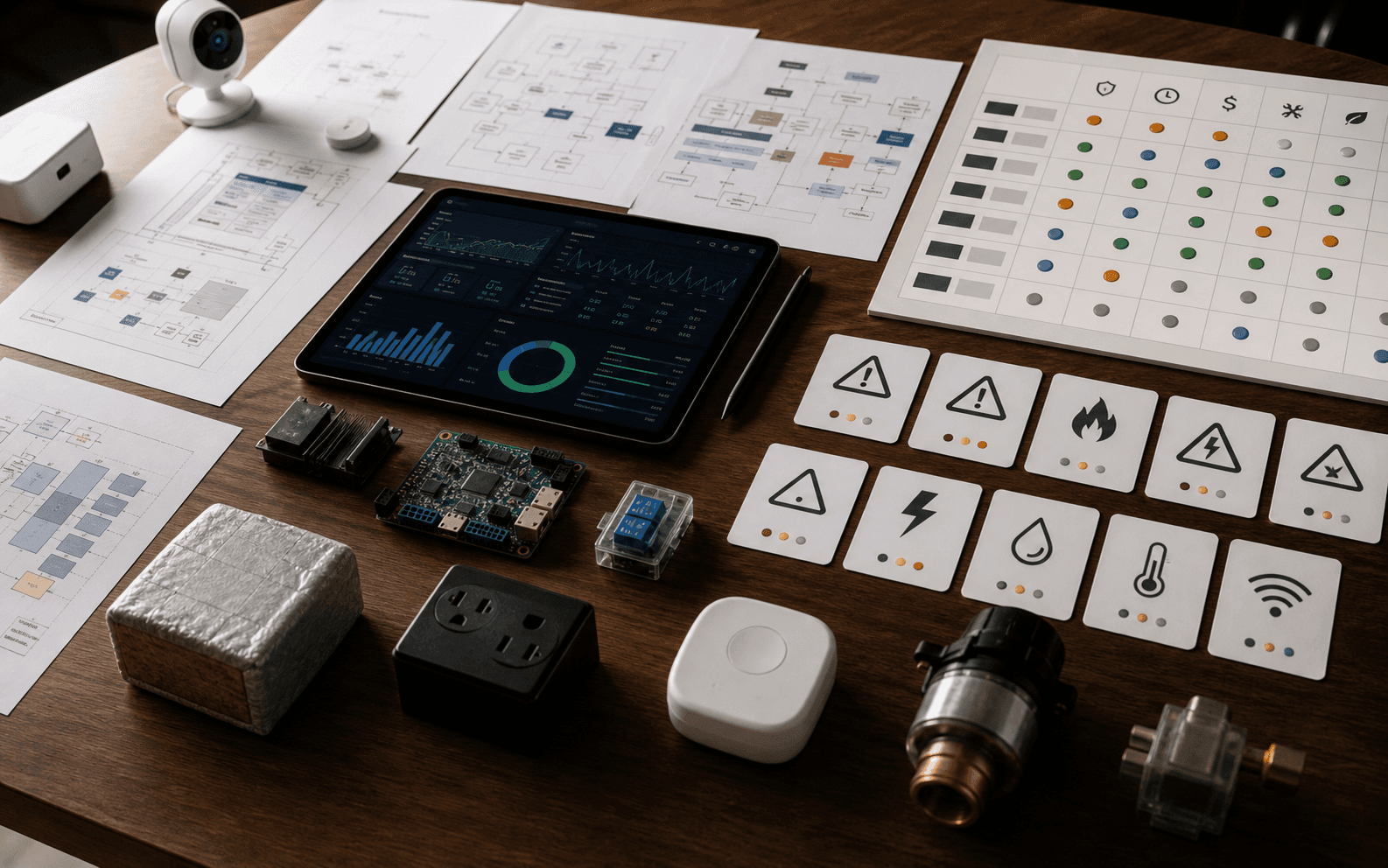 Engineering case study table with architecture notes, metrics dashboards, physical components, and decision artifacts
