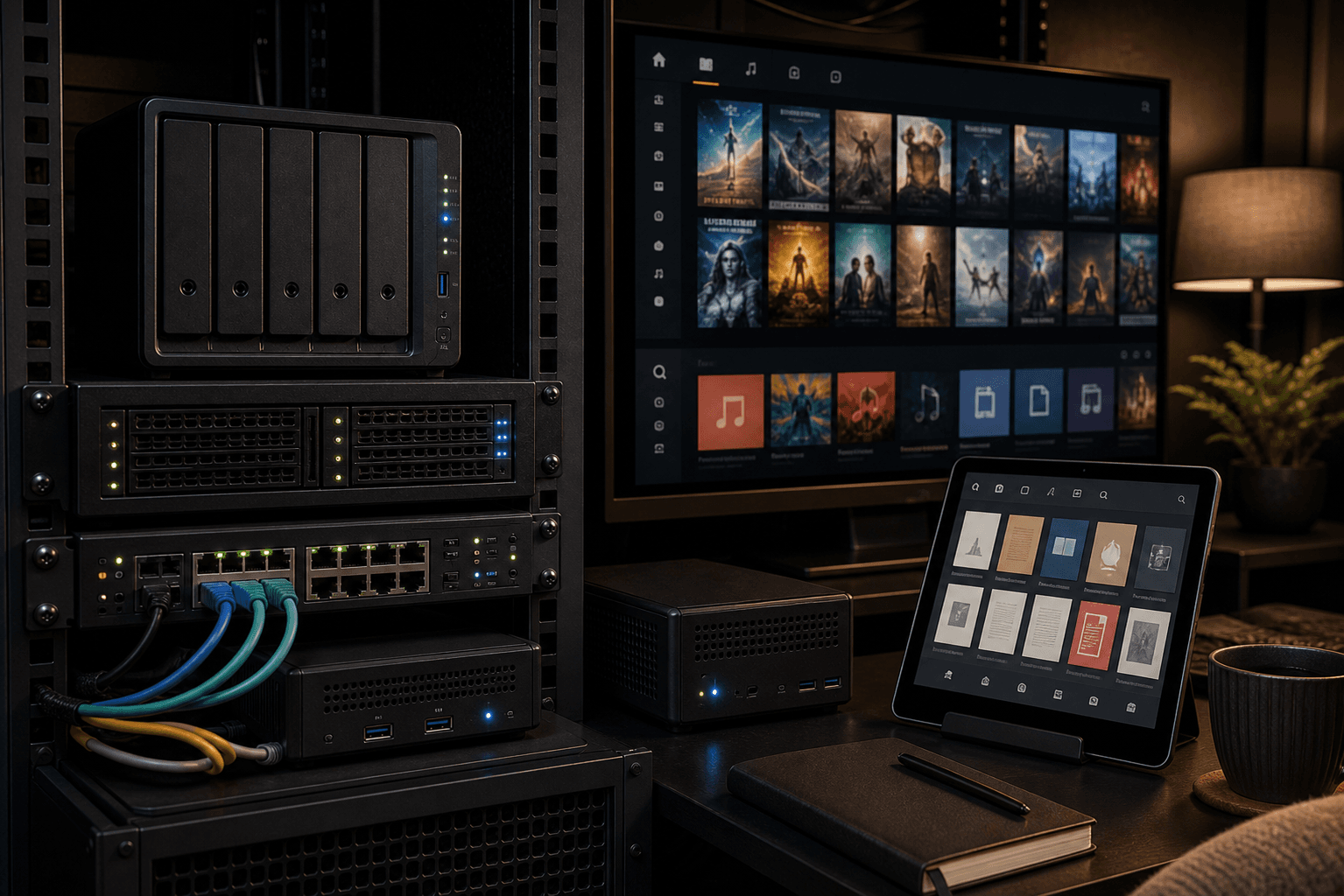Local media and knowledge library setup with NAS storage, streaming screen, ebook library tablet, and home lab hardware