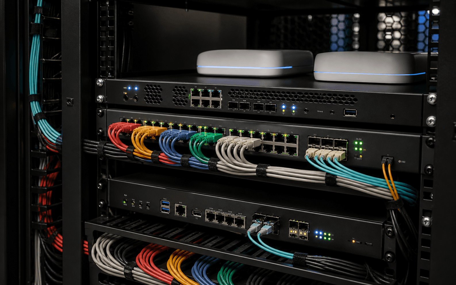 Rack-mounted network switch and router devices with fiber, UTP cabling, VLAN-colored runs, and mesh access points