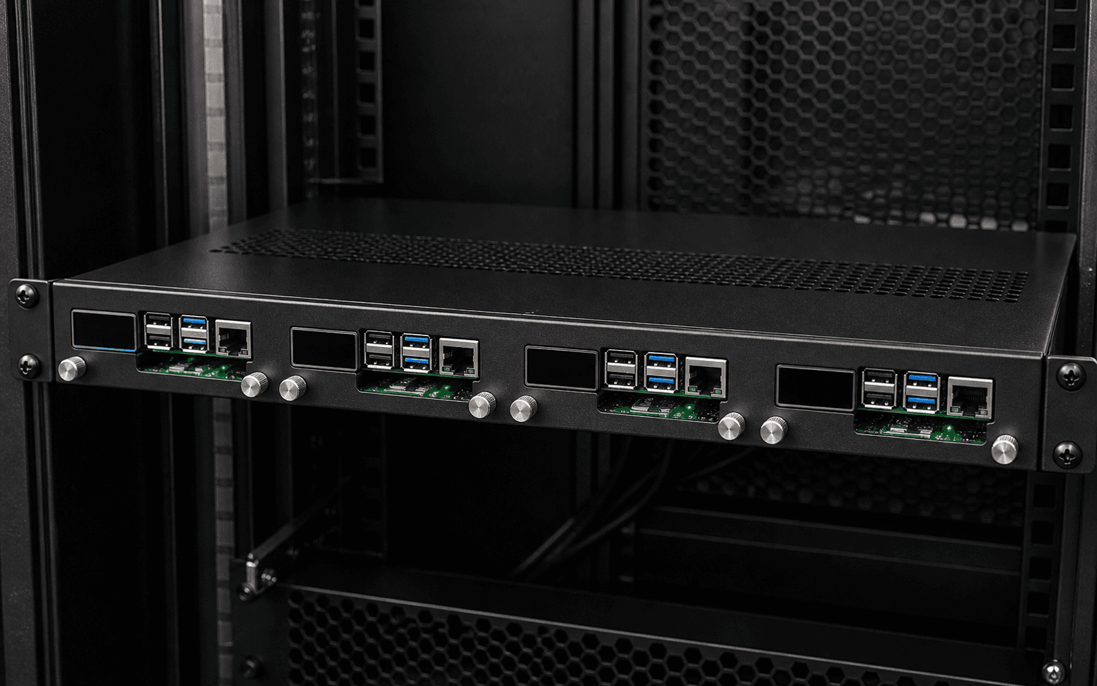 Rack-mounted Raspberry Pi-style home lab cluster with compact single-board computers and network ports
