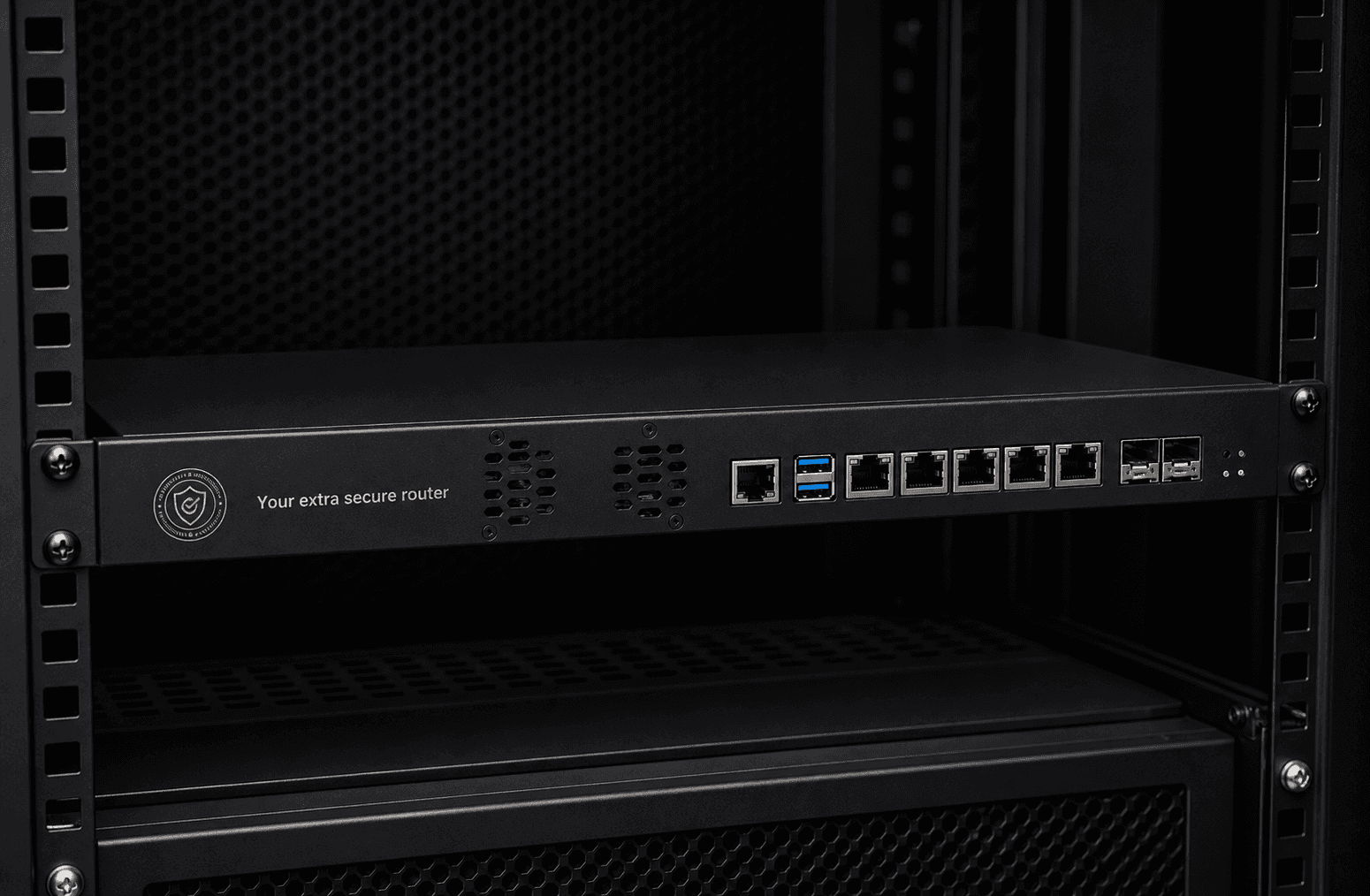 Rack-mounted secure router with a seal logo and Your extra secure router label