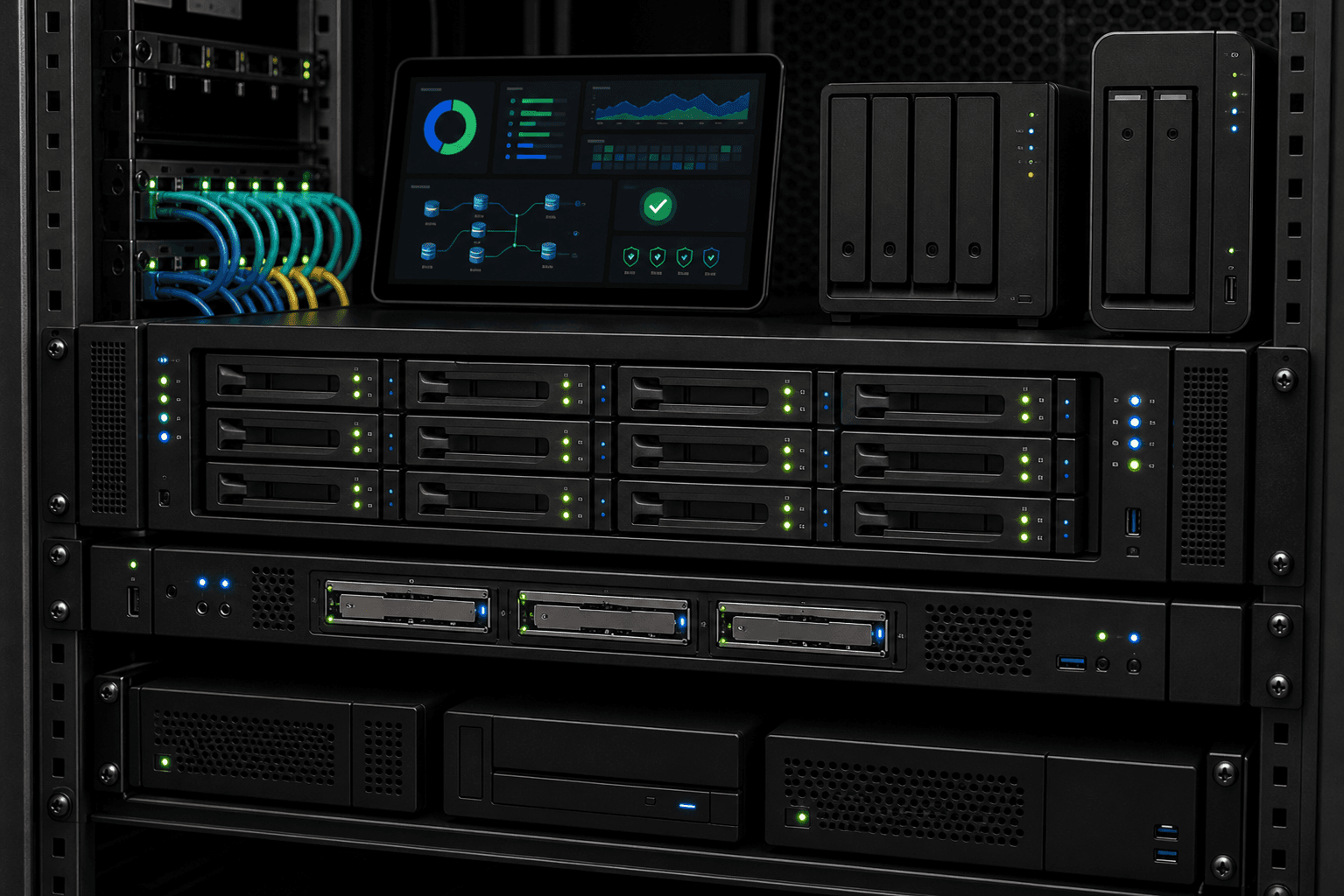 Rack-mounted NAS storage array with RAID drive bays, high-speed cache modules, backup hardware, and recovery monitoring