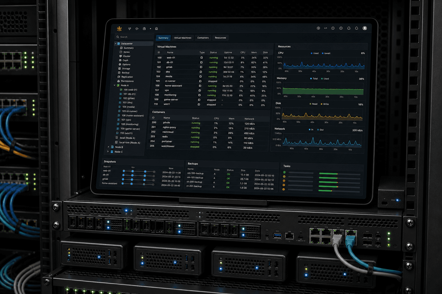 Rack-mounted virtualization host with a Proxmox-style dashboard showing VM rows, containers, resources, snapshots, backups, and tasks