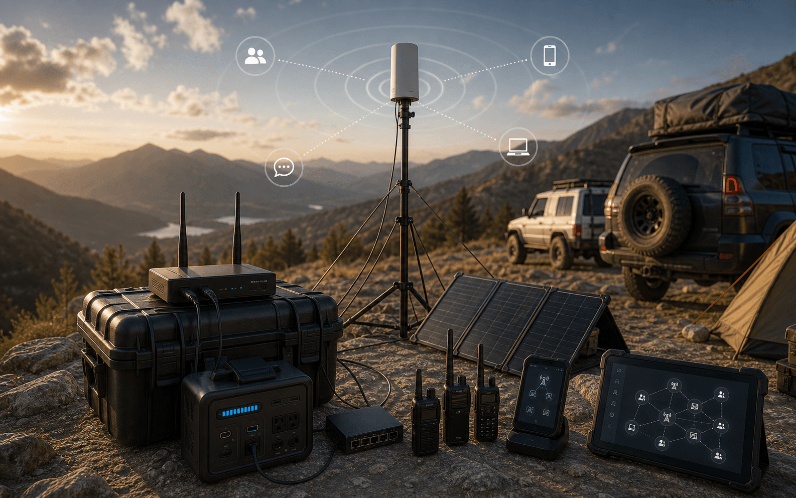 Remote group travel connectivity kit with portable mast, local network router, battery pack, rugged communication case, and fallback coverage equipment