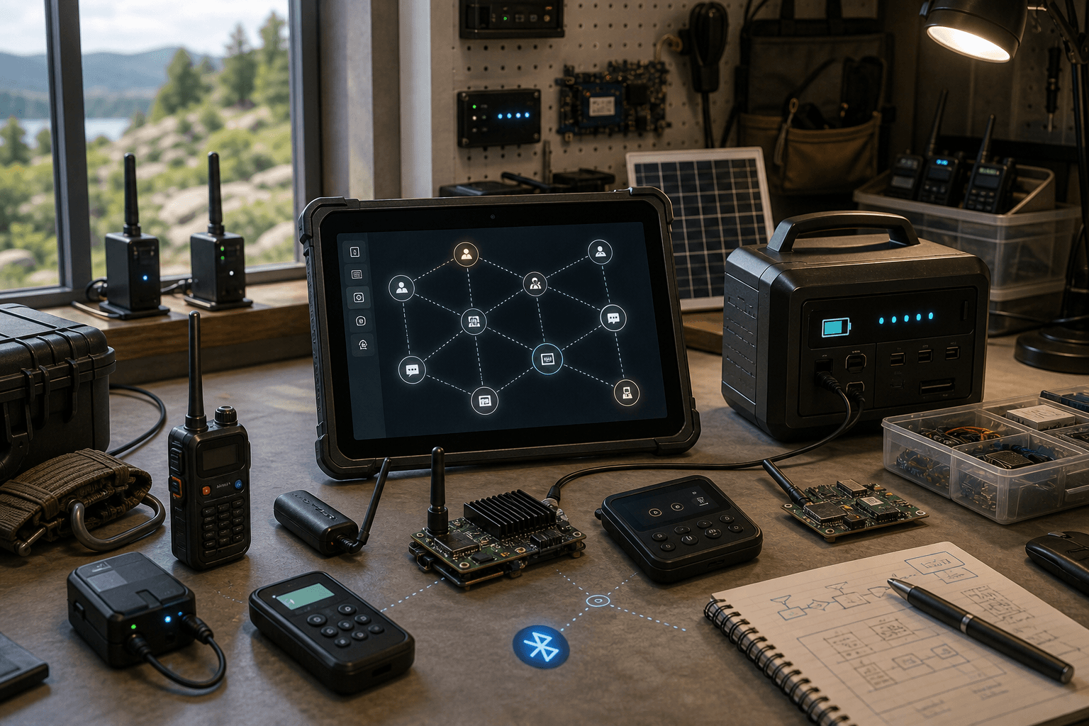 Zero internet communication research bench with LoRa-style antenna nodes, Bluetooth local messaging devices, radio modules, battery power, and local mesh dashboard