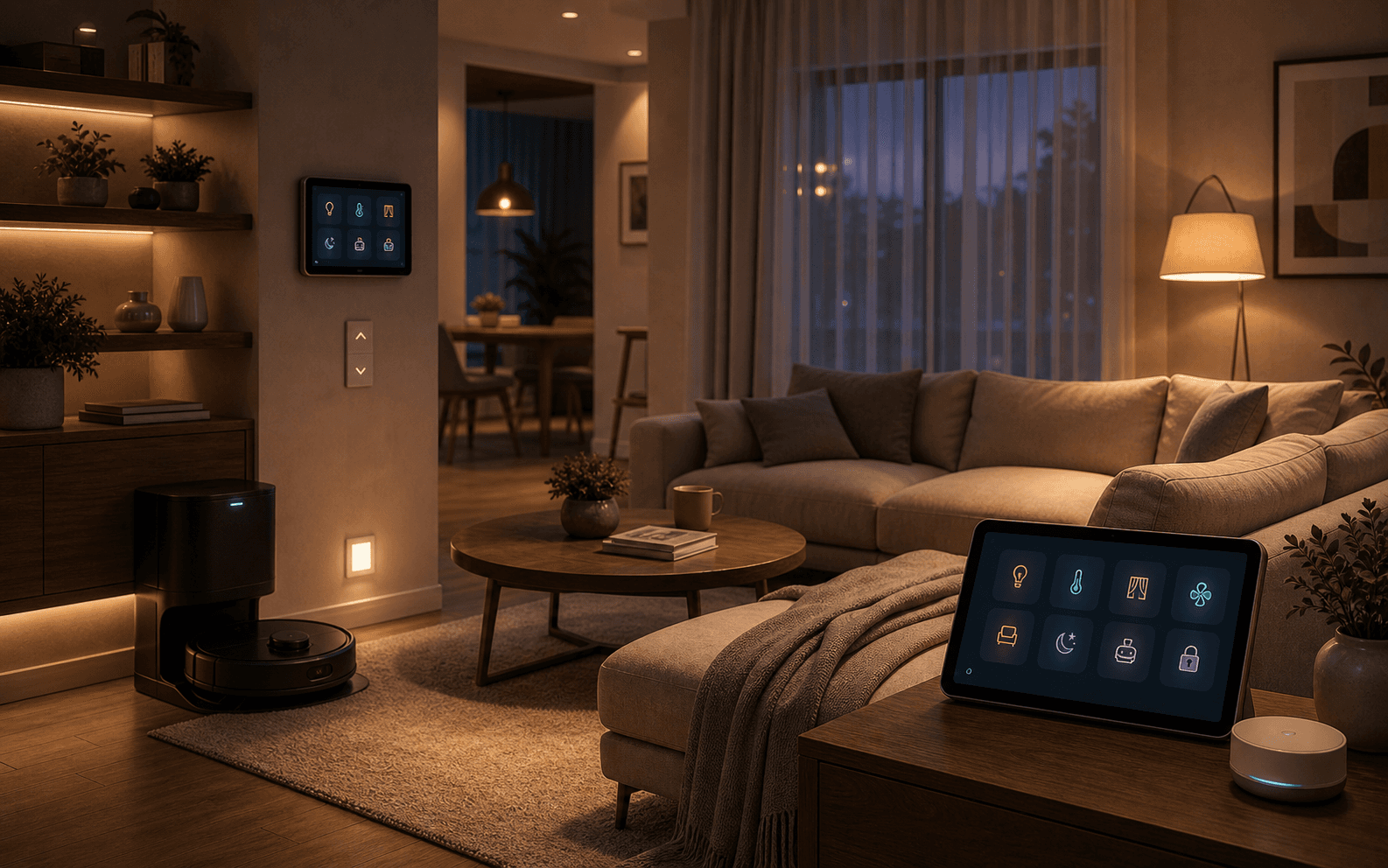 Lazy and cozy home automation scene with warm comfort lighting, curtains, cleaning robot, climate controls, and calm dashboard