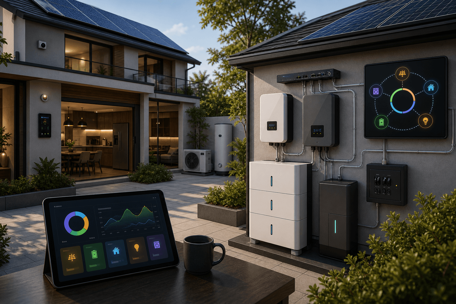 Net-zero self-sustainable home energy system with rooftop solar, battery storage, inverter equipment, monitoring, and efficiency controls