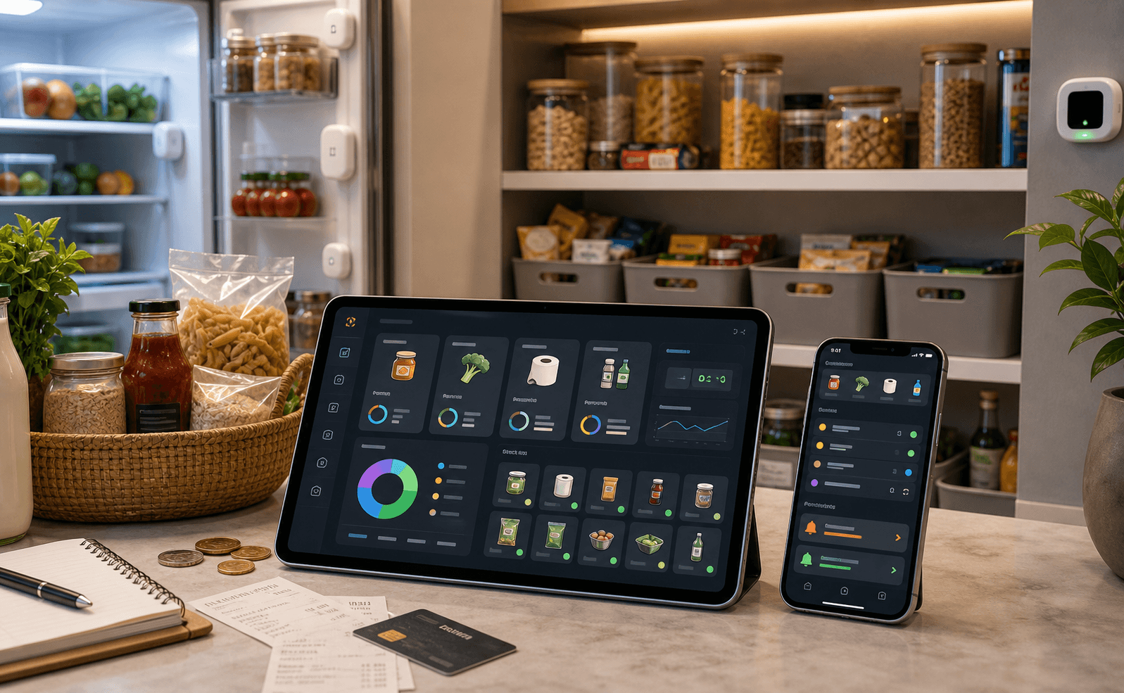 Household inventory product interface with pantry stock tracking, fridge-linked routines, reminders, usage, and expense visibility