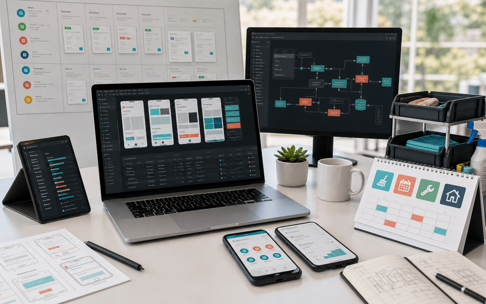 Software product engineering desk with app wireframes, product planning, and household operations concepts